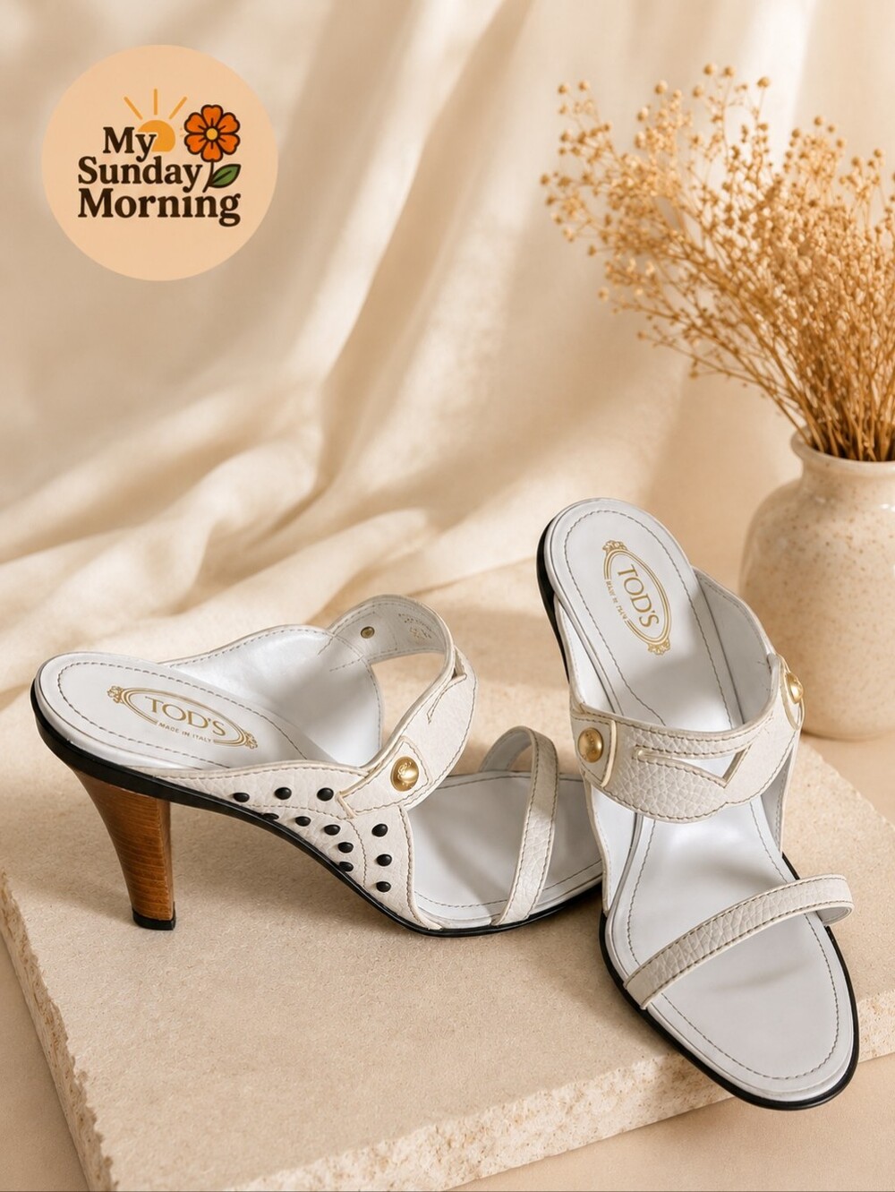 TOD’S White Pebbled Leather Mule Heels Made in Italy Womens 8.5 Luxury